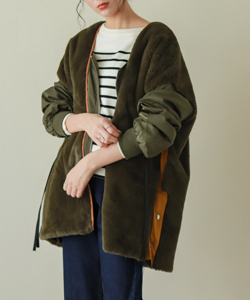 La-gemme（ラジェム）の「異素材切り替えファージャケット（その他アウター・レディース・ブラック/カーキ/ブラウン・フリー）」の3枚目の写真