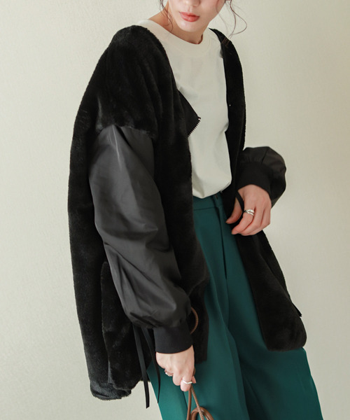 La-gemme（ラジェム）の「異素材切り替えファージャケット（その他アウター・レディース・ブラック/カーキ/ブラウン・フリー）」の4枚目の写真