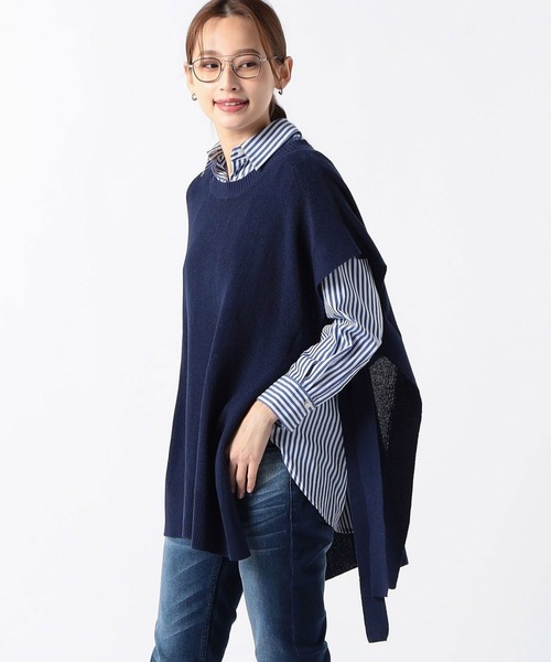 Grand PARK（グランドパーク）の「リネンライク　アゼ編みポンチョベスト（ベスト・レディース・ベージュ/ネイビー/クリーム・FREE）」の3枚目の写真