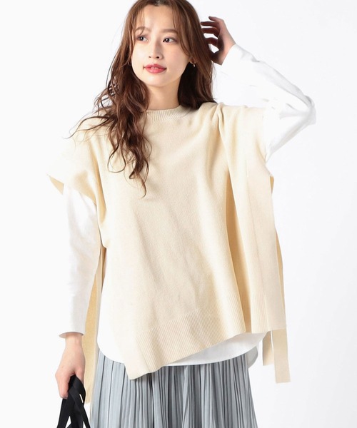 Grand PARK（グランドパーク）の「リネンライク　アゼ編みポンチョベスト（ベスト・レディース・ベージュ/ネイビー/クリーム・FREE）」の2枚目の写真