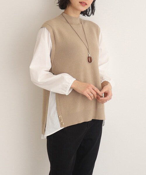 SHOO・LA・RUE（シューラルー）の「◆ニット×布帛ドッキングプルオーバー（Tシャツ/カットソー・レディース・グリーン/ライトベージュ/ブラック・00）」の2枚目の写真