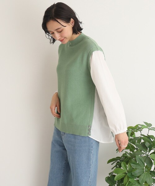 SHOO・LA・RUE（シューラルー）の「◆ニット×布帛ドッキングプルオーバー（Tシャツ/カットソー・レディース・グリーン/ライトベージュ/ブラック・00）」の3枚目の写真