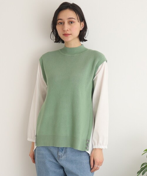 SHOO・LA・RUE（シューラルー）の「◆ニット×布帛ドッキングプルオーバー（Tシャツ/カットソー・レディース・グリーン/ライトベージュ/ブラック・00）」の4枚目の写真