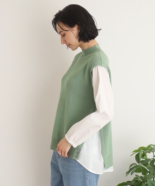 SHOO・LA・RUE（シューラルー）の「◆ニット×布帛ドッキングプルオーバー（Tシャツ/カットソー・レディース・グリーン/ライトベージュ/ブラック・00）」の5枚目の写真