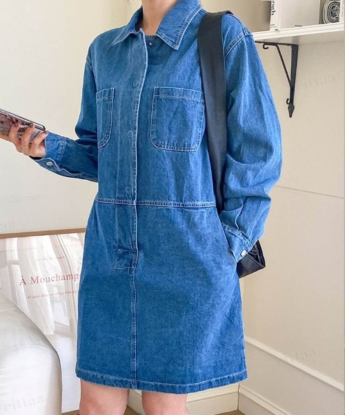 Dalfwin(ダールフィン)の「デニムシャツひざ丈ミニワンピース(ワンピース・レディース・ブルー・FREE)」の7枚目の写真