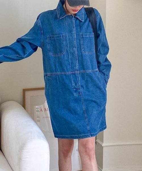 Dalfwin(ダールフィン)の「デニムシャツひざ丈ミニワンピース(ワンピース・レディース・ブルー・FREE)」の9枚目の写真