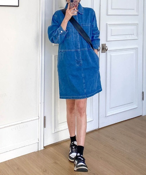 Dalfwin(ダールフィン)の「デニムシャツひざ丈ミニワンピース(ワンピース・レディース・ブルー・FREE)」の15枚目の写真