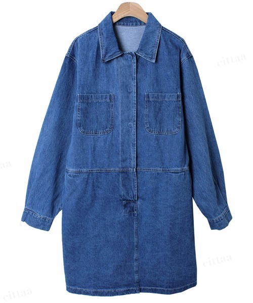 Dalfwin(ダールフィン)の「デニムシャツひざ丈ミニワンピース(ワンピース・レディース・ブルー・FREE)」の3枚目の写真