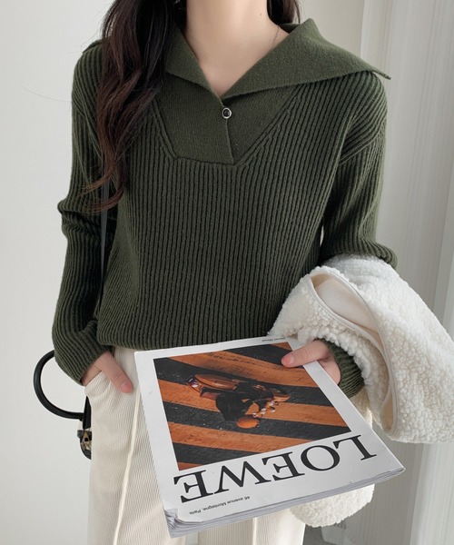 ABITOKYO（アビトーキョー）の「ワンポイントボタンセーラーカラーニットプルオーバー（ニット/セーター・レディース・ブラック/アイボリー/カーキ・FREE）」の8枚目の写真