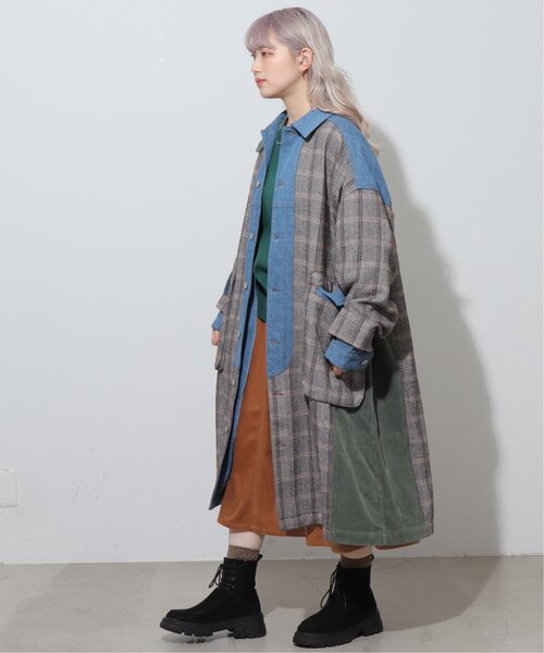 DOUBLE NAME(ダブルネーム)の「異素材MIXチェックコート(その他アウター・レディース・ライトブルー/インディゴブルー・FREE)」の3枚目の写真