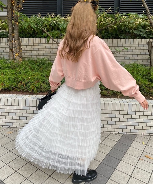 SPINNS(スピンズ)の「チュールティアードロングスカート(スカート・レディース・グレー/オレンジ/ベージュ/ピンク/ホワイト/ブラック・ONESIZE)」の9枚目の写真
