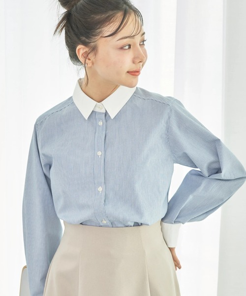 earth music&ecology（アースミュージックアンドエコロジー）の「クレリックシャツ（シャツ/ブラウス・レディース・サックスブルー/ブラック×ホワイト/ストライプ/オフホワイト・FREE）」の4枚目の写真