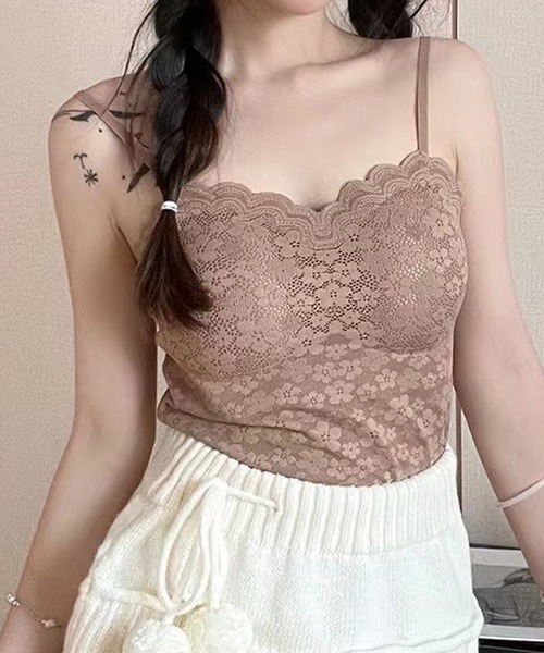 Lace Ladies(レースレディース)の「フラワー レース スカラップ カップ付き クロップド キャミソール(キャミソール・レディース・ブラック/アイボリー/ブラウン/ベージュ・FREE)」の4枚目の写真