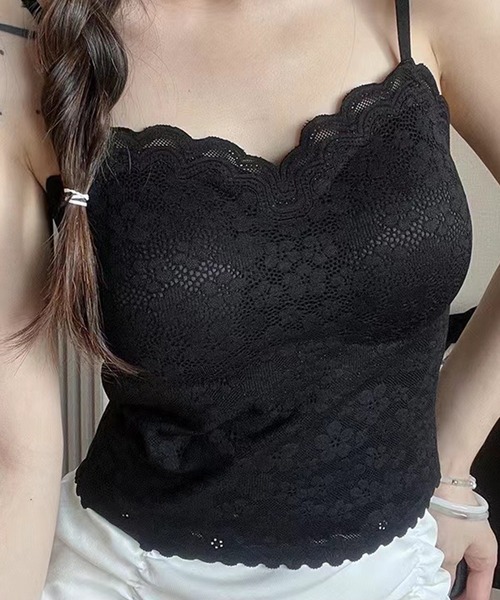 Lace Ladies(レースレディース)の「フラワー レース スカラップ カップ付き クロップド キャミソール(キャミソール・レディース・ブラック/アイボリー/ブラウン/ベージュ・FREE)」の6枚目の写真