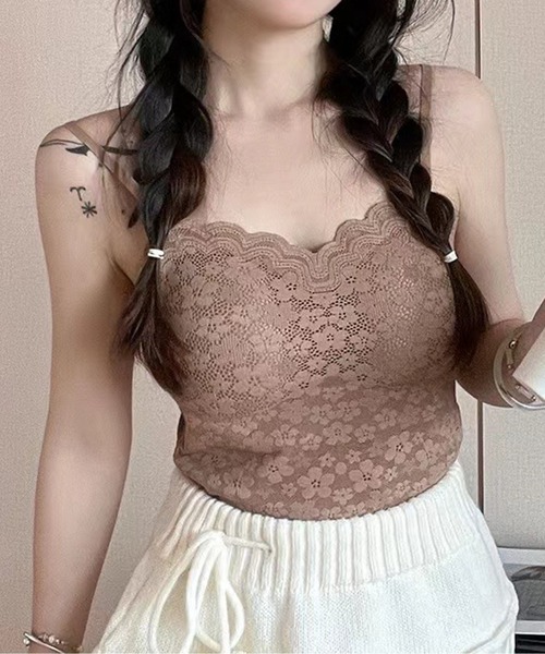 Lace Ladies(レースレディース)の「フラワー レース スカラップ カップ付き クロップド キャミソール(キャミソール・レディース・ブラック/アイボリー/ブラウン/ベージュ・FREE)」の8枚目の写真