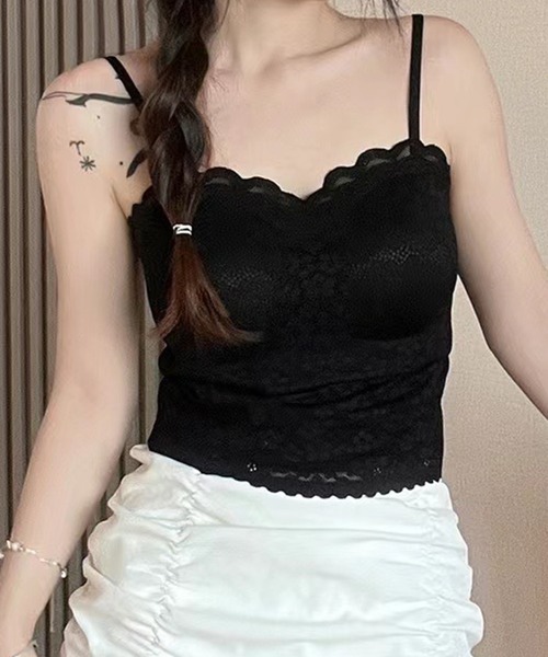Lace Ladies(レースレディース)の「フラワー レース スカラップ カップ付き クロップド キャミソール(キャミソール・レディース・ブラック/アイボリー/ブラウン/ベージュ・FREE)」の5枚目の写真