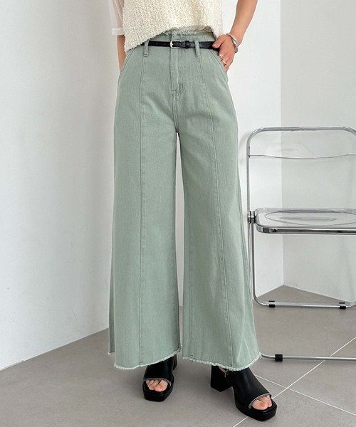 archives(アルシーヴ)の「ベルト付ワイドカラーデニム(デニムパンツ・レディース・イエロー/グリーン/グレー/オレンジ・MEDIUM)」の1枚目の写真