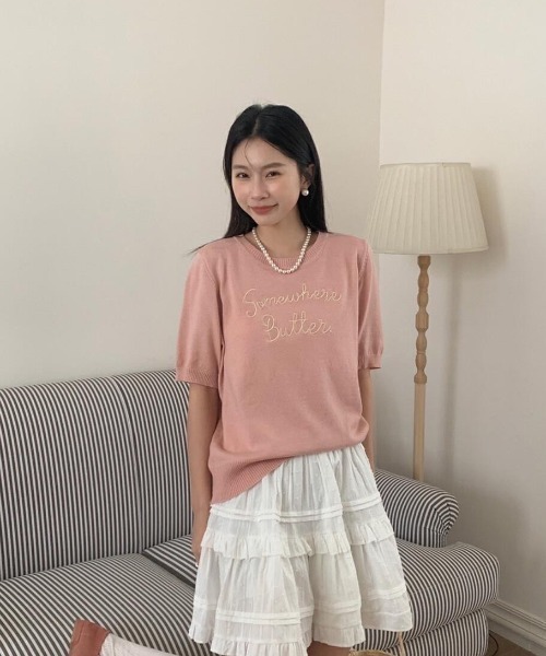 LAC-VERT(ラック・ヴェール)の「ロゴ刺繍サマーニット(Tシャツ/カットソー・レディース・アイボリー/グレー/ブルー/レッド/ピンク/ブラウン/ネイビー・FREE)」の17枚目の写真