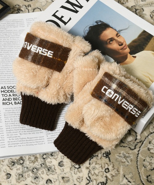 CONVERSE（コンバース）の「CONVERSE boa gloves with plaid fleece band/ボアグローブ/指ぬき/手袋/コンバース（手袋・レディース・グレー/オフホワイト/ブラウン・FREE）」の2枚目の写真