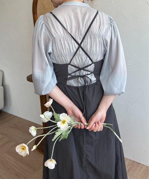 raffime（ラフィミー）の「バックリボンナイロンキャミワンピース（ワンピース・レディース・チャコールグレー/アイボリー・MEDIUM/SMALL）」の10枚目の写真