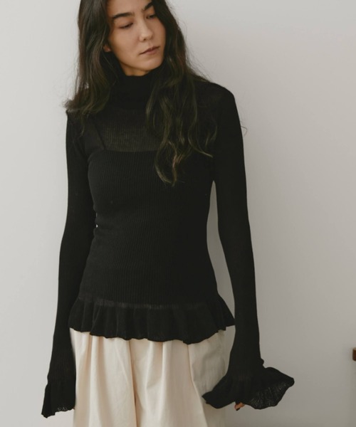 OHGA SHEER KNIT フリル襟ニットセーター 長袖　ブラック 楽天市場】全2色×4サイズ！フリルリブニット ニットセーター