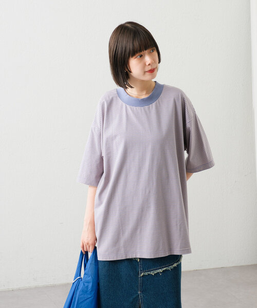 WHIMSIC（ウィムジック）の「【UNISEX】モックネックボーダーTシャツ（Tシャツ/カットソー・メンズ・グレー/ブルー/ブラック・FREE）」の3枚目の写真