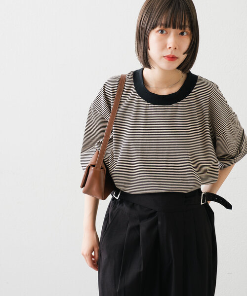 WHIMSIC（ウィムジック）の「【UNISEX】モックネックボーダーTシャツ（Tシャツ/カットソー・メンズ・グレー/ブルー/ブラック・FREE）」の6枚目の写真