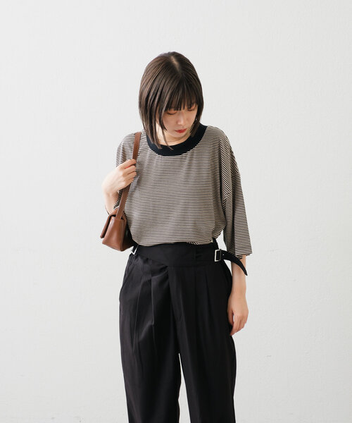 WHIMSIC（ウィムジック）の「【UNISEX】モックネックボーダーTシャツ（Tシャツ/カットソー・メンズ・グレー/ブルー/ブラック・FREE）」の7枚目の写真