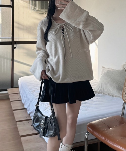 nemne store（ネンネストア）の「《Delfy》編み上げスキッパーニット（ニット/セーター・レディース・アイボリー/チャコールグレー/ライトブルー・SMALL/MEDIUM）」の21枚目の写真