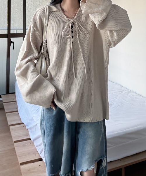 nemne store（ネンネストア）の「《Delfy》編み上げスキッパーニット（ニット/セーター・レディース・アイボリー/チャコールグレー/ライトブルー・SMALL/MEDIUM）」の22枚目の写真