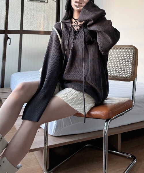 nemne store（ネンネストア）の「《Delfy》編み上げスキッパーニット（ニット/セーター・レディース・アイボリー/チャコールグレー/ライトブルー・SMALL/MEDIUM）」の14枚目の写真