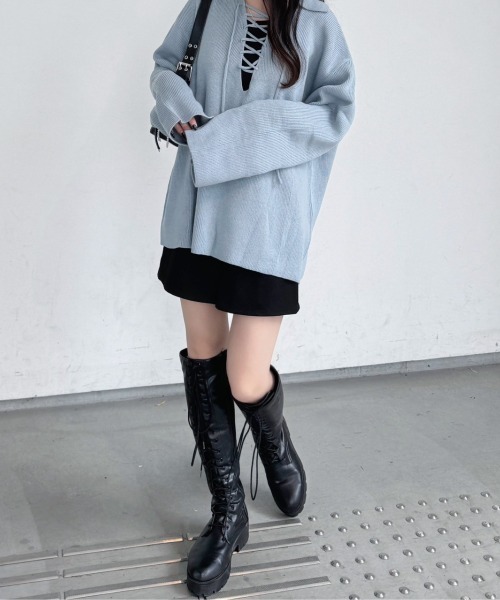 セール】《Delfy》編み上げスキッパーニット（ニット/セーター