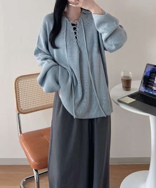 セール】《Delfy》編み上げスキッパーニット（ニット/セーター