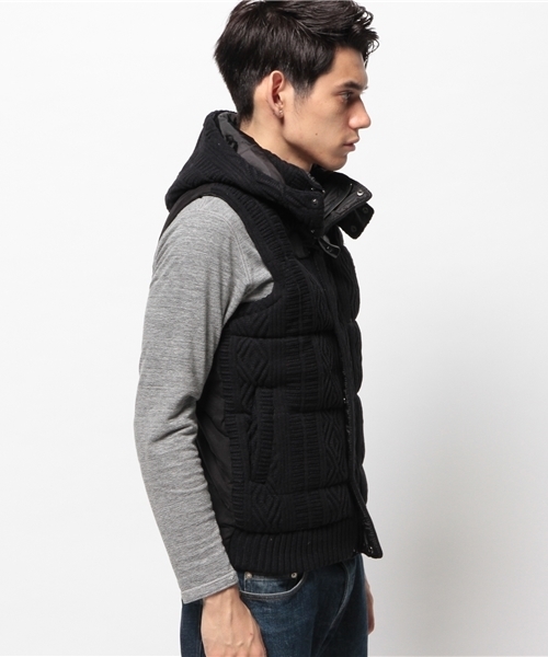 CIAOPANIC TYPY(チャオパニックティピー)の「【CIAOPANICTYPY】ケーブルニット中綿フードベスト(その他アウター・メンズ・ネイビー/キャメル・LARGE/MEDIUM/SMALL)」の3枚目の写真