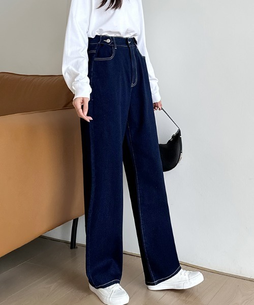 COCOMOMO（ココモモ）の「【楽 革 命】ストレッチ抜群！裏微起毛 楽革命デニムパンツ 楽らくストレッチ デニムパンツ ストレート ワイド デニム ウエスト調整ボタンつき 秋服 冬服（デニムパンツ・レディース・ブルー/ホワイト/ブルー系その他/ブラック系/ダークブルー/ブルー系/ブラック/ホワイト系・S/M/L/XL）」の7枚目の写真