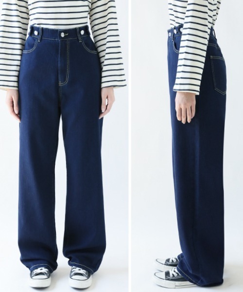 COCOMOMO（ココモモ）の「【楽 革 命】ストレッチ抜群！裏微起毛 楽革命デニムパンツ 楽らくストレッチ デニムパンツ ストレート ワイド デニム ウエスト調整ボタンつき 秋服 冬服（デニムパンツ・レディース・ブルー/ホワイト/ブルー系その他/ブラック系/ダークブルー/ブルー系/ブラック/ホワイト系・S/M/L/XL）」の18枚目の写真