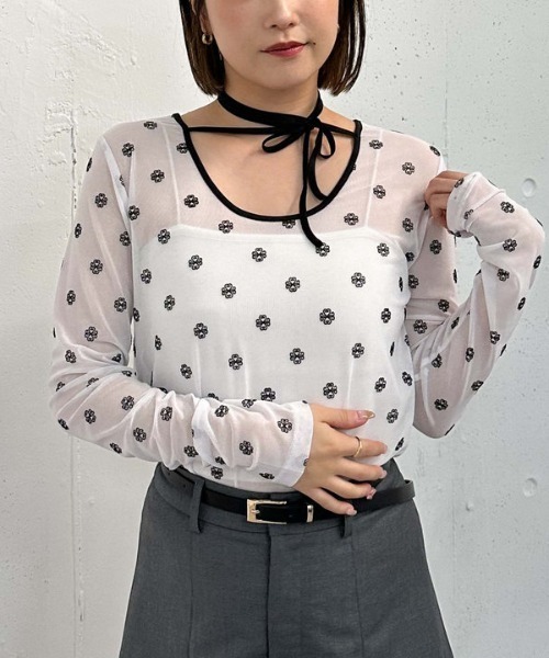 archives（アルシーヴ）の「フロッキープリントチュールＴＯＰＳ（Tシャツ/カットソー・レディース・ブルー/オフホワイト・MEDIUM）」の2枚目の写真