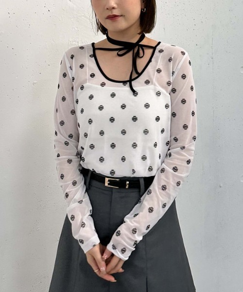 archives（アルシーヴ）の「フロッキープリントチュールＴＯＰＳ（Tシャツ/カットソー・レディース・ブルー/オフホワイト・MEDIUM）」の11枚目の写真