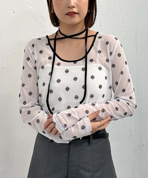 archives（アルシーヴ）の「フロッキープリントチュールＴＯＰＳ（Tシャツ/カットソー・レディース・ブルー/オフホワイト・MEDIUM）」の16枚目の写真