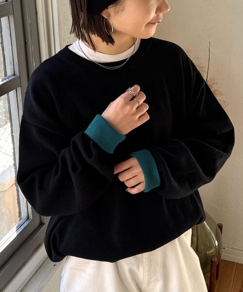 セール】【洗えるニット】ユニセックス/袖配色/ビックシルエットロン