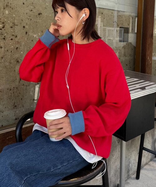 セール】【洗えるニット】ユニセックス/袖配色/ビックシルエットロン