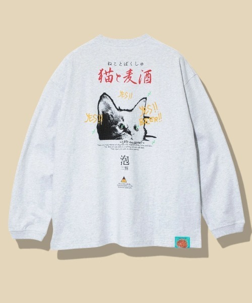 go slow caravan(ゴースローキャラバン)の「メランジェ G/D 猫と麦酒 ロングスリーブ BIG TEE(Tシャツ/カットソー・メンズ・ブラック/ライトグレー・X-LARGE/LARGE/MEDIUM)」の1枚目の写真