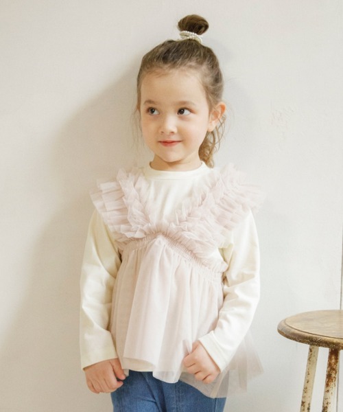 BRANSHES（ブランシェス）の「チュールビスチェ×長袖Ｔシャツ トップスセット（Tシャツ/カットソー・キッズ・ピンク/グレー・90/100/110/120/80/130/140/150）」の3枚目の写真