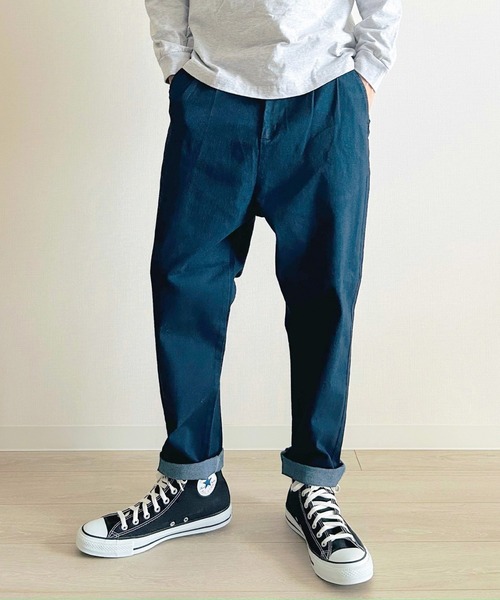 BEATJIVE(ビートジャイブ)の「デニムパンツ ワイド テーパードパンツ タック入り キレイめ デニムスラックス ジーンズ メンズ(デニムパンツ・メンズ・インディゴブルー/ブラック・3/2)」の2枚目の写真