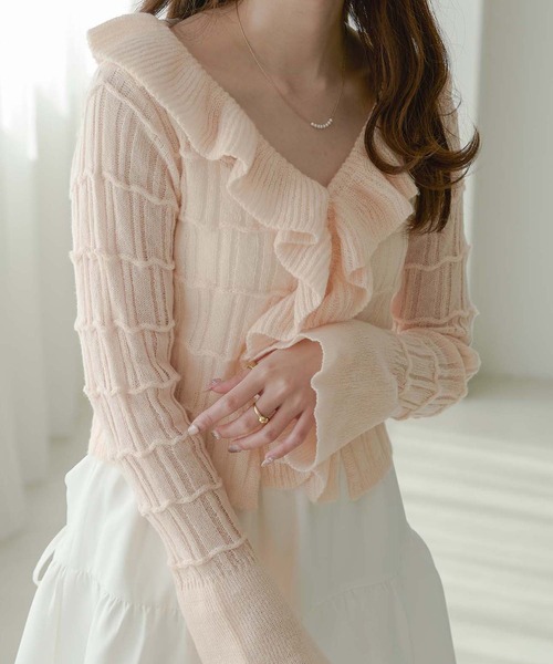 Ambre Neige(アンブルネージュ)の「frill sheer knit cardigan / フリルシアーニットカーディガン(カーディガン/ボレロ・レディース・ベビーピンク/アイボリー/ライトブルー・FREE)」の3枚目の写真