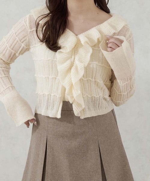 Ambre Neige(アンブルネージュ)の「frill sheer knit cardigan / フリルシアーニットカーディガン(カーディガン/ボレロ・レディース・ベビーピンク/アイボリー/ライトブルー・FREE)」の6枚目の写真