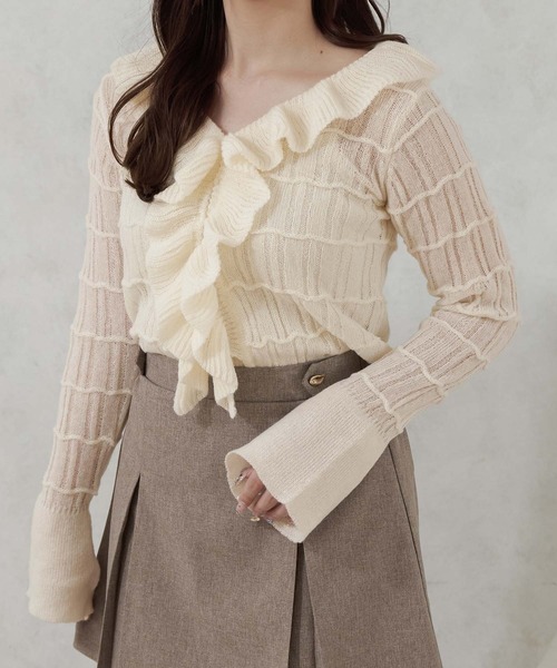 Ambre Neige(アンブルネージュ)の「frill sheer knit cardigan / フリルシアーニットカーディガン(カーディガン/ボレロ・レディース・ベビーピンク/アイボリー/ライトブルー・FREE)」の7枚目の写真