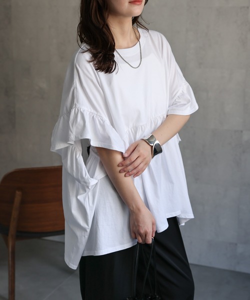 セール】ペプラムフリルTee / フレンチスリーブフリルプルオーバー