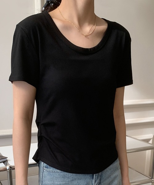 LOWO(ロワ)の「サイドタックUネックTシャツ カットソー(Tシャツ/カットソー・レディース・ブルー/ブラック/カーキ/モカ/ホワイト/ブラウン/ピンク・FREE)」の10枚目の写真