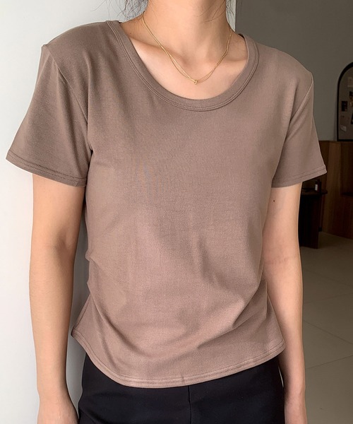 LOWO(ロワ)の「サイドタックUネックTシャツ カットソー(Tシャツ/カットソー・レディース・ブルー/ブラック/カーキ/モカ/ホワイト/ブラウン/ピンク・FREE)」の11枚目の写真